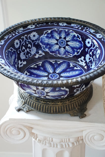 Vintage Large Ormolu Mounted Blue and White Bowl