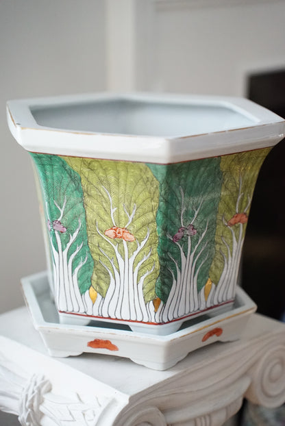 Vintage Large Hexagonal Famille Verte Bok Choy Planter with Saucer