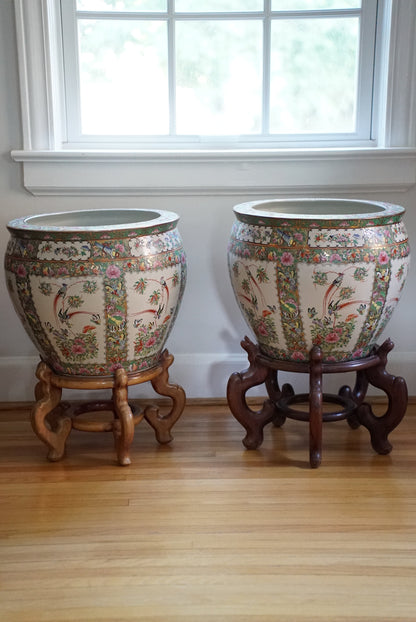 Pair of — XL Vintage Rose Canton Fishbowl Planter with Stand