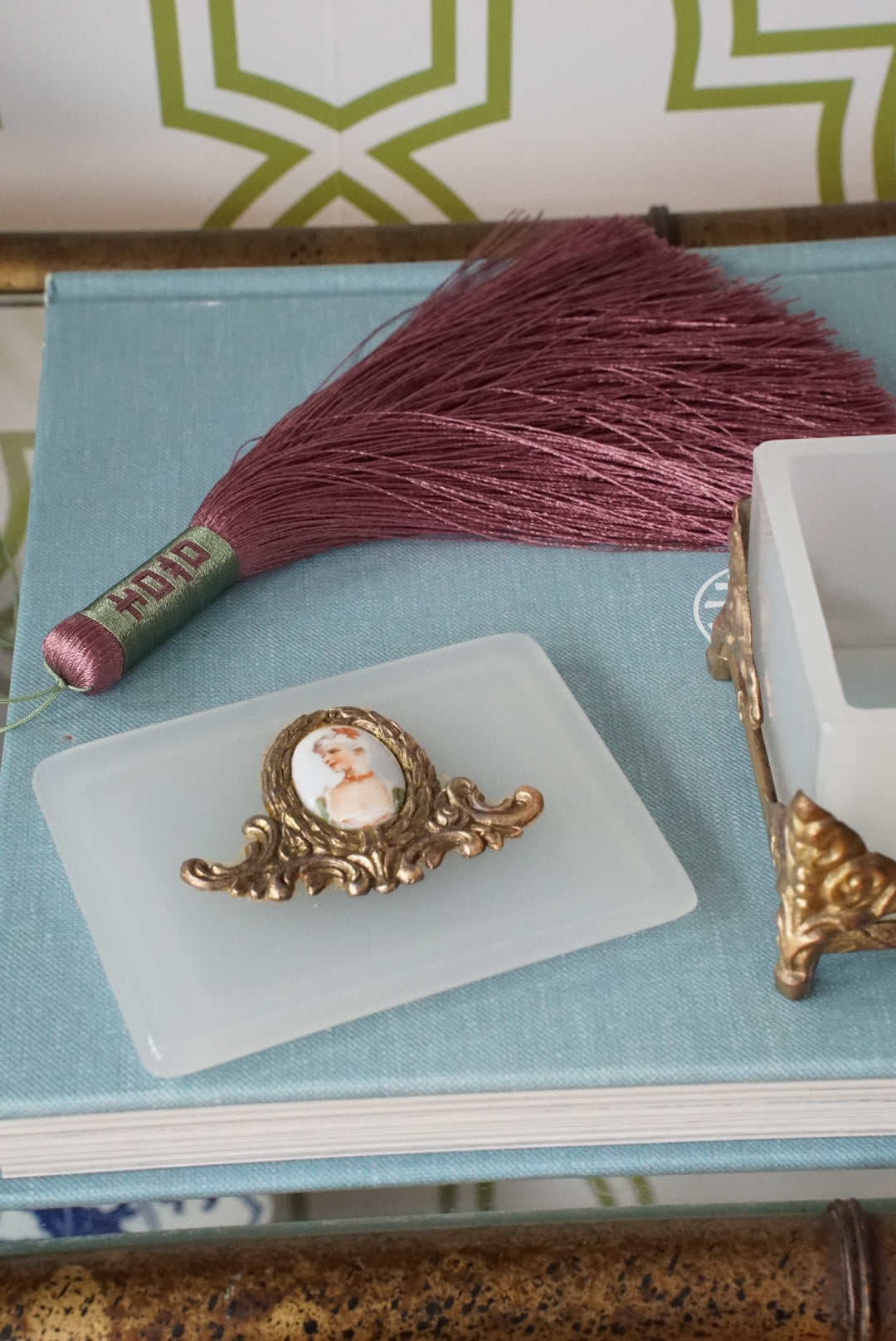 Vintage Milk Glass Box with Hand Painted Portrait