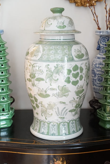 XL Green and White Lily Pond Temple Jar