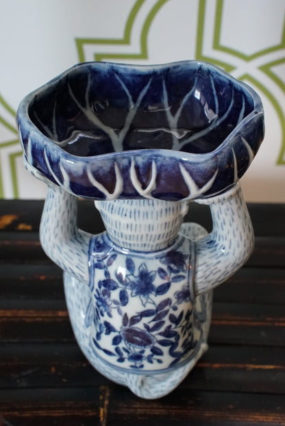 Vintage Blue and White Floral Chinoiserie Monkey Bowl