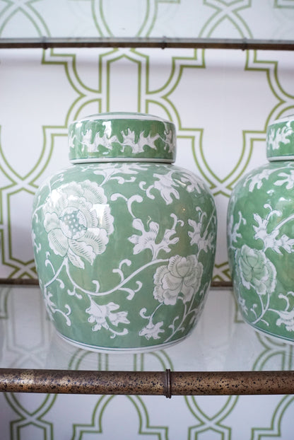 Large Green Chinoiserie Twisted Lotus Ginger Jar