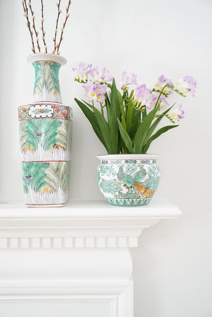 Vintage Gold Imari Green Peacock Jardiniere