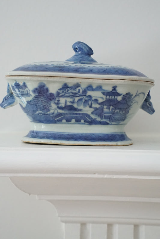 Antique Blue Canton Sauce Tureen with Boar Handles