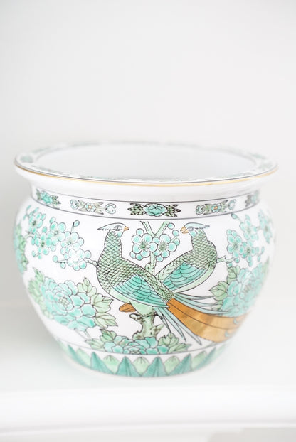 Vintage Gold Imari Green Peacock Jardiniere
