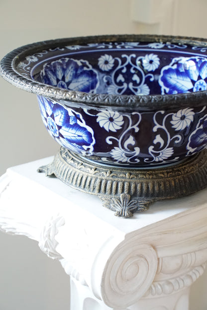Vintage Large Ormolu Mounted Blue and White Bowl