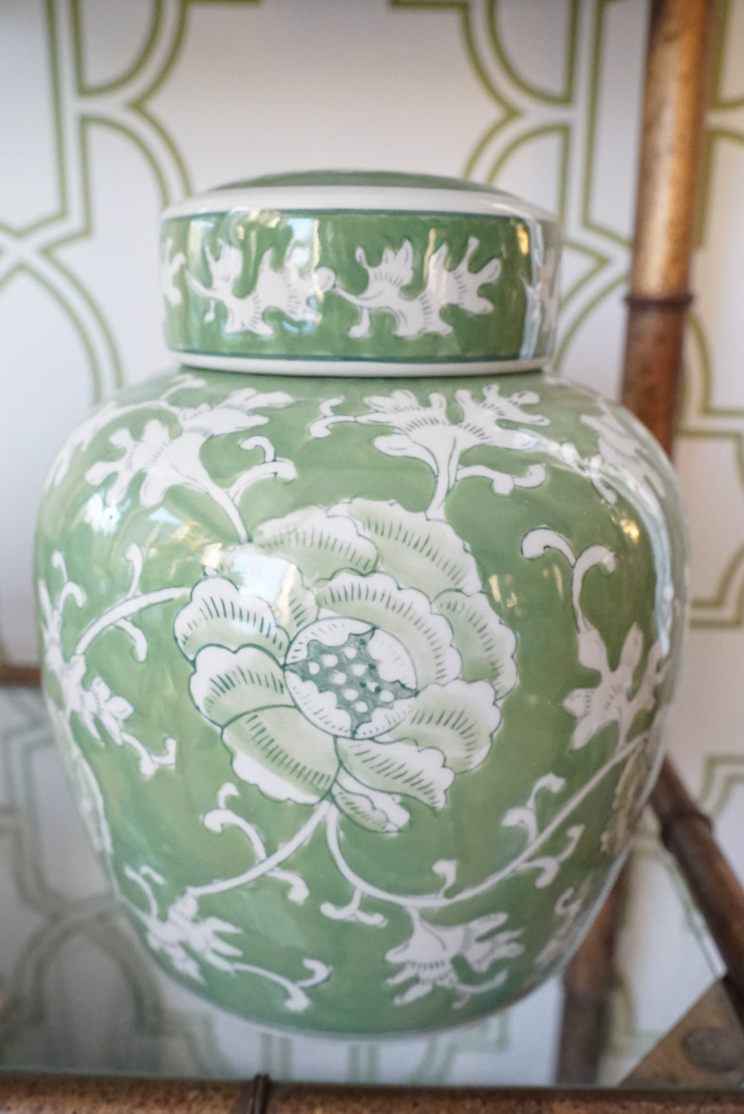 Large Green Chinoiserie Twisted Lotus Ginger Jar