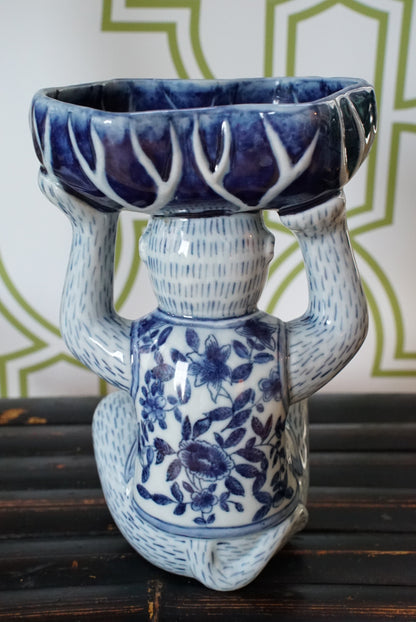 Vintage Blue and White Floral Chinoiserie Monkey Bowl