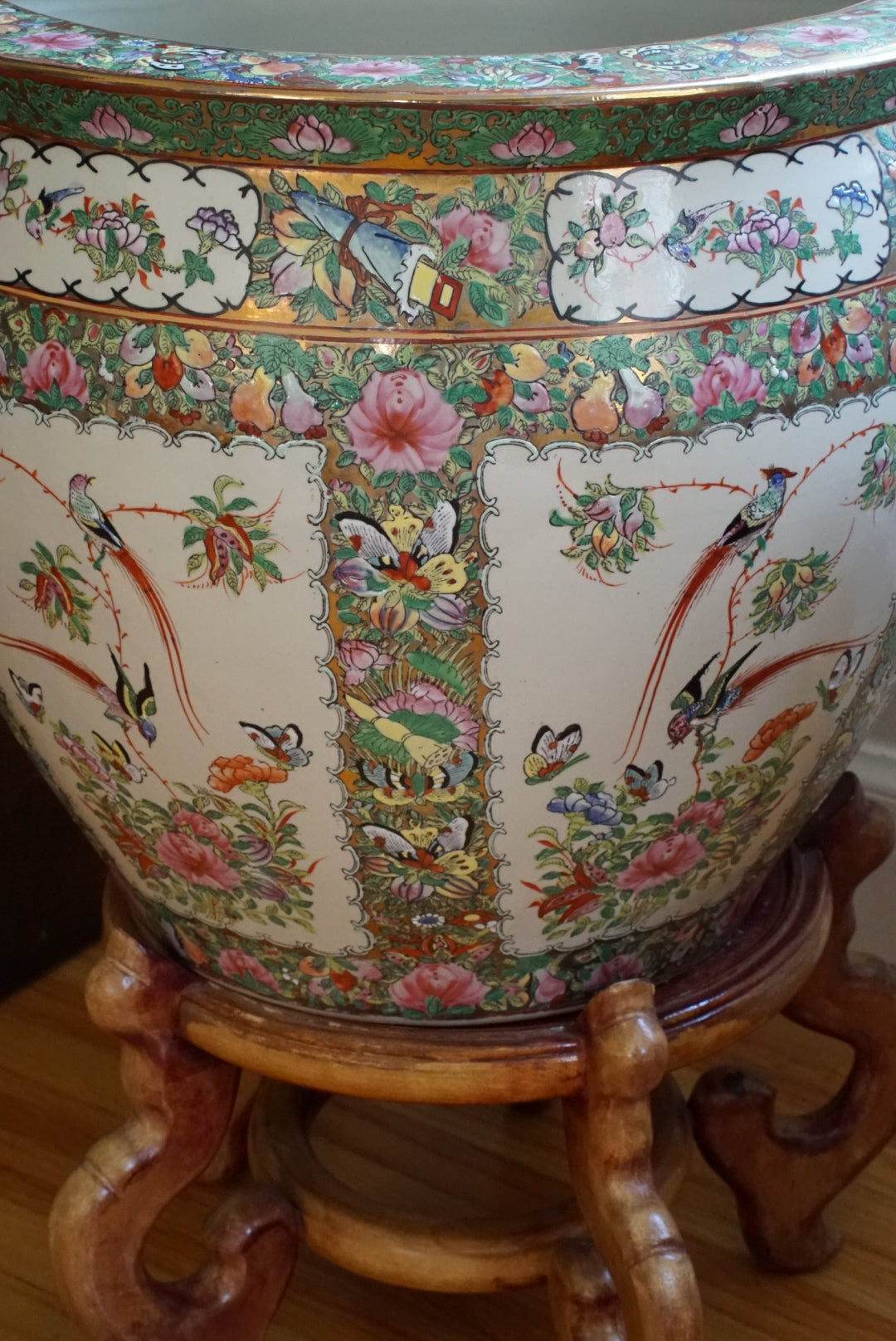 Pair of — XL Vintage Rose Canton Fishbowl Planter with Stand