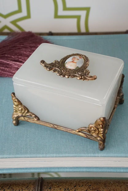 Vintage Milk Glass Box with Hand Painted Portrait