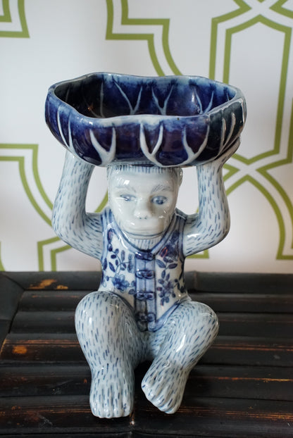 Vintage Blue and White Floral Chinoiserie Monkey Bowl