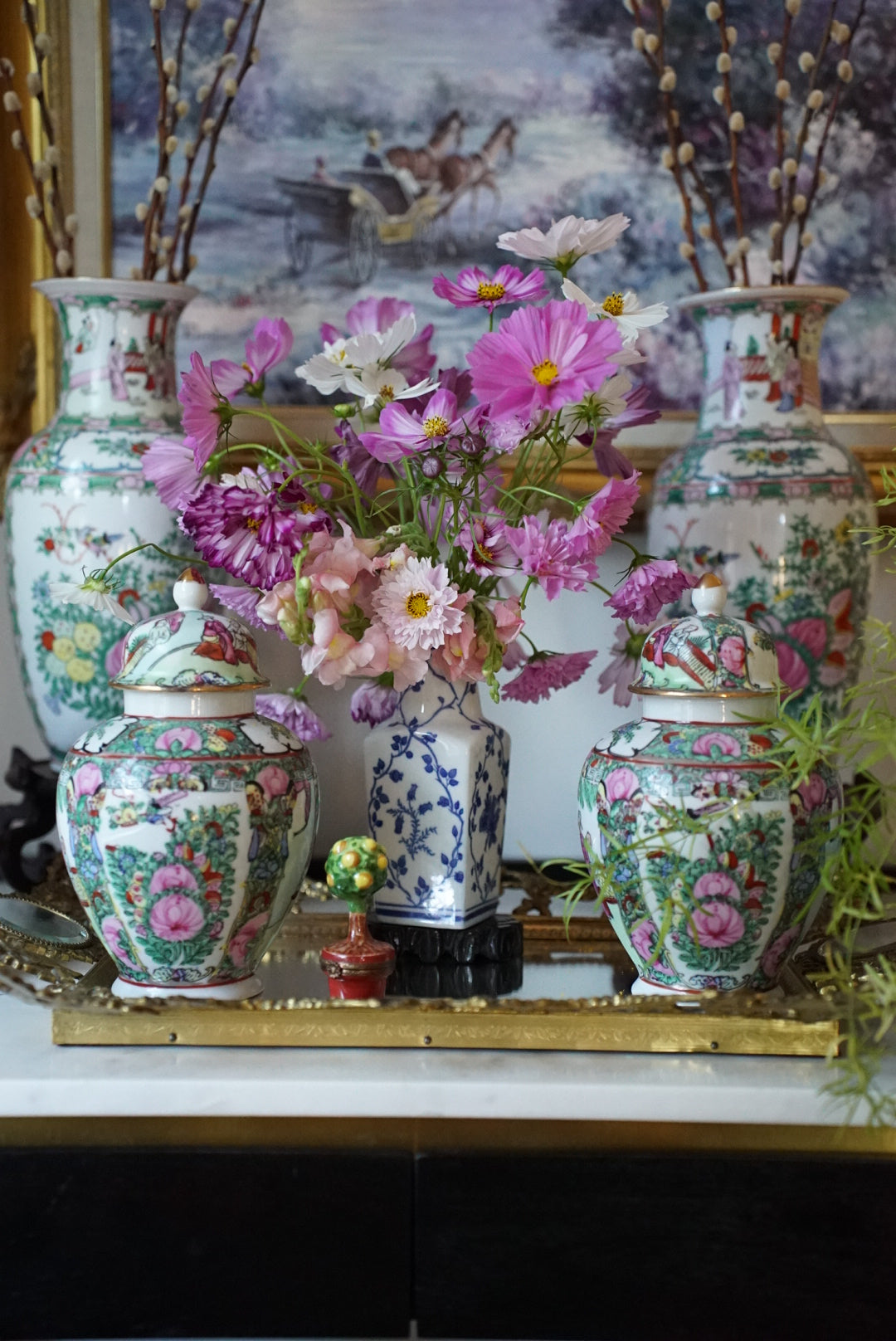 Pair of — Vintage Rose Medallion Temple Jars