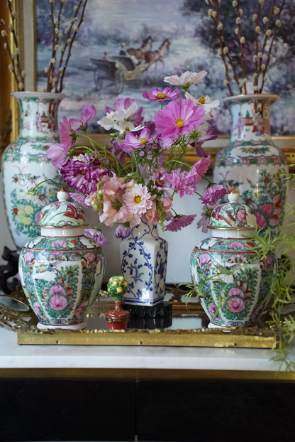 Pair of — Vintage Rose Medallion Temple Jars