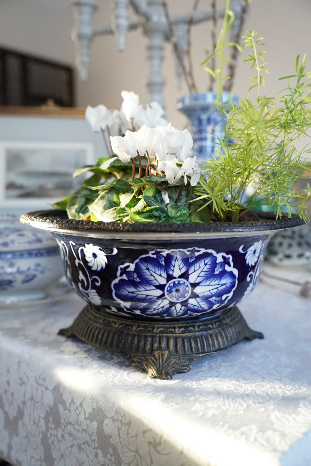 Vintage Large Ormolu Mounted Blue and White Bowl