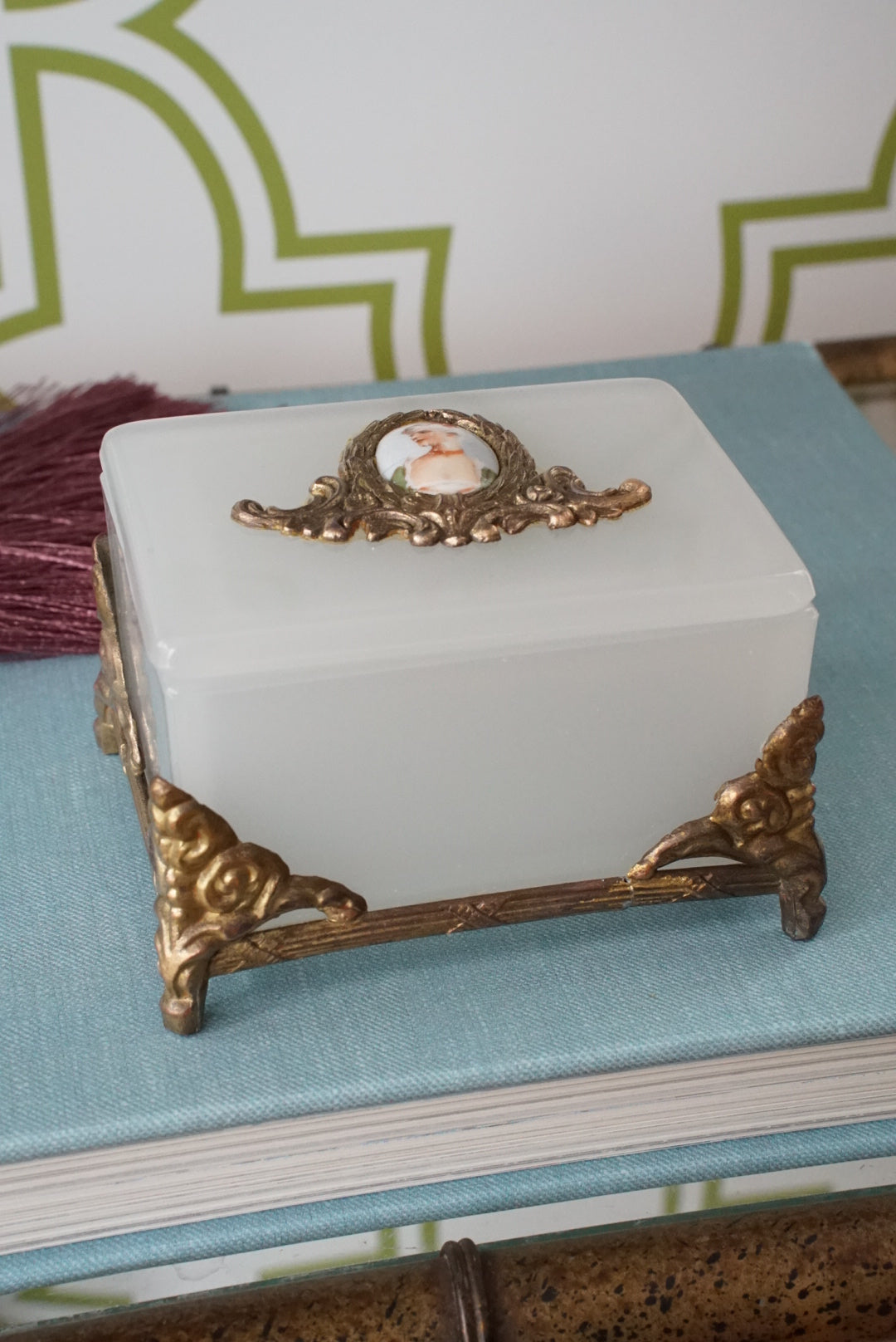 Vintage Milk Glass Box with Hand Painted Portrait
