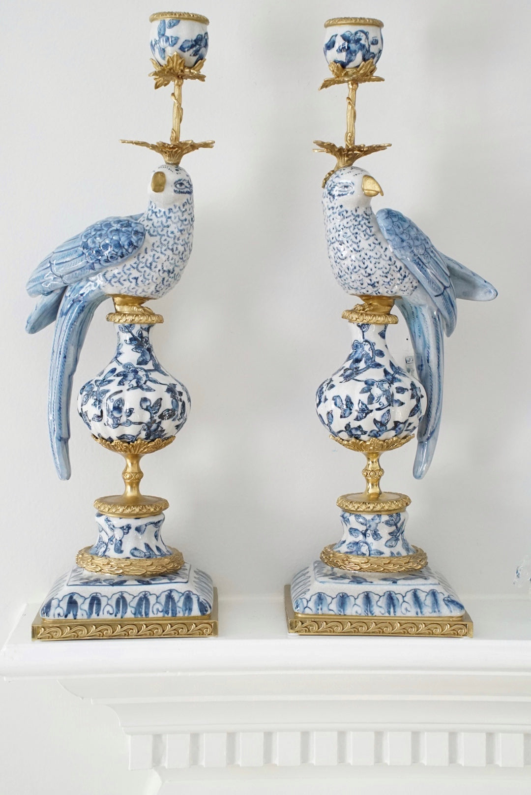 Pair of — Ormolu Mounted Blue and White Candelabra