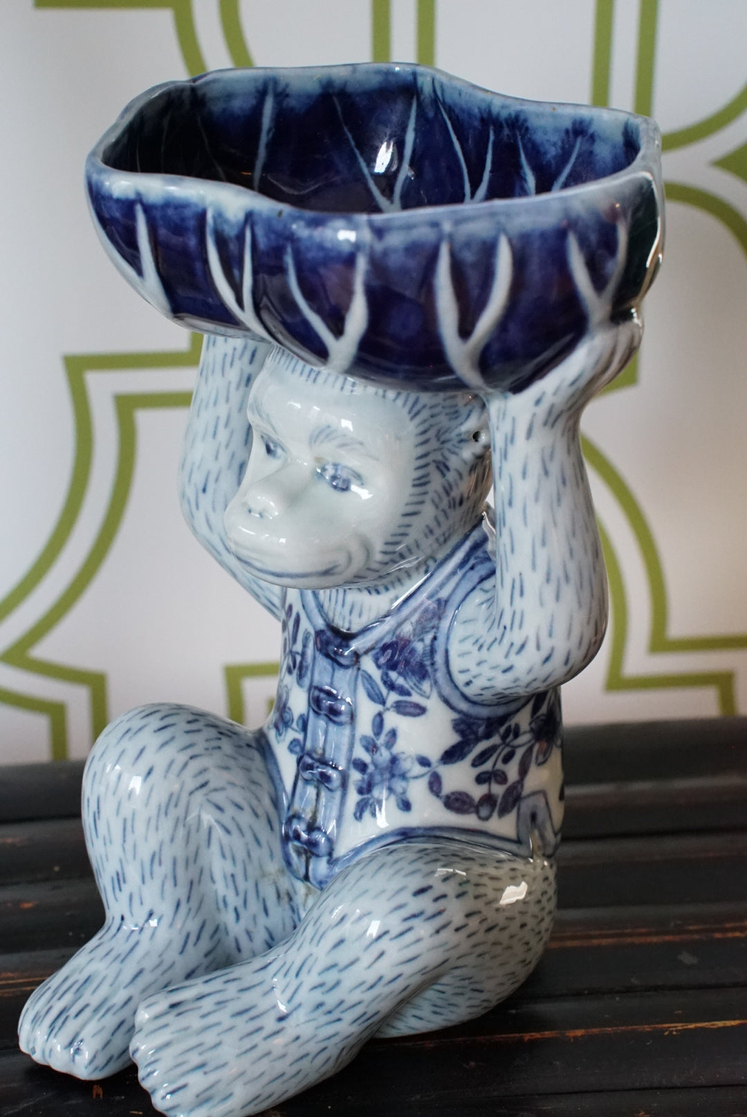 Vintage Blue and White Floral Chinoiserie Monkey Bowl