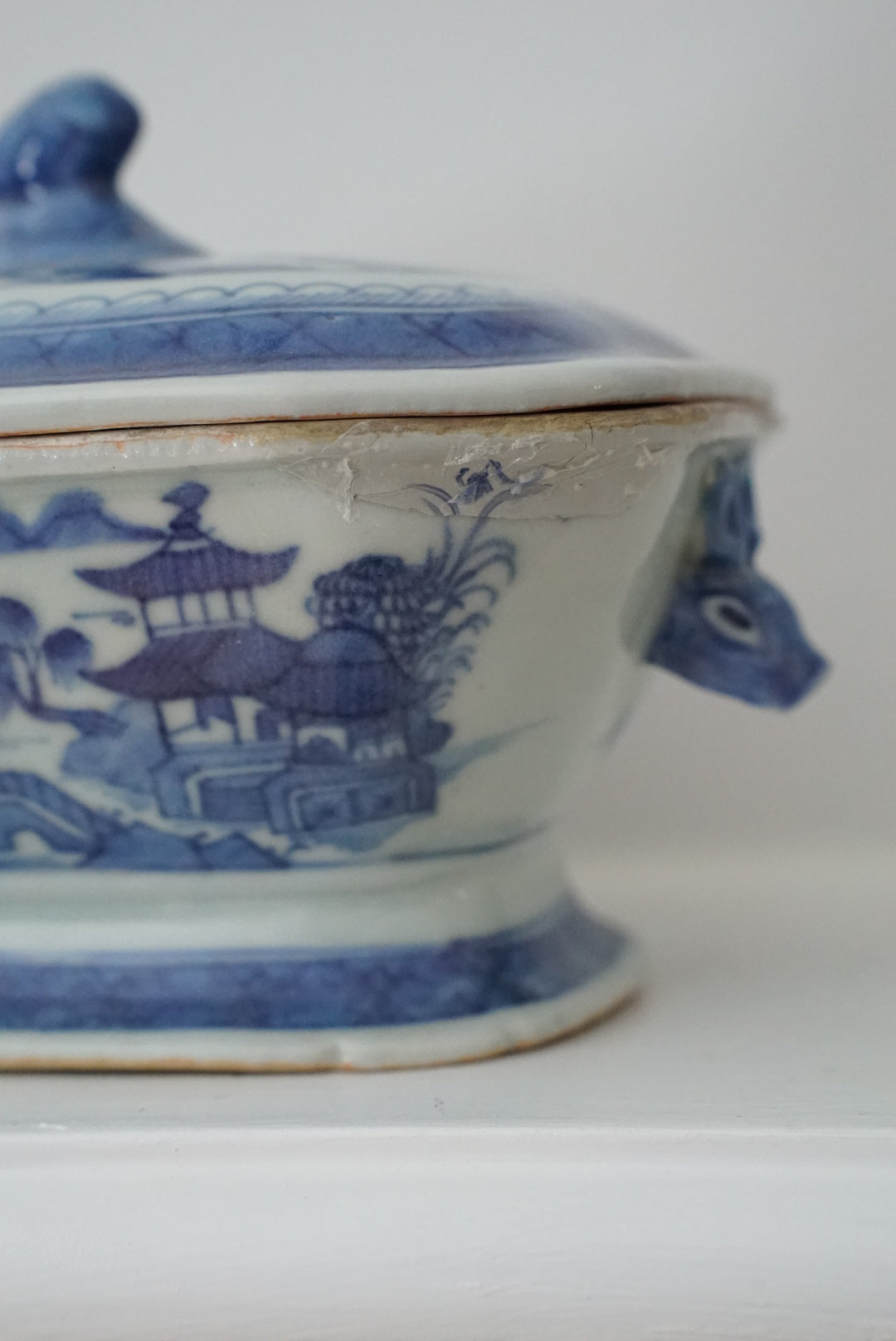 Antique Blue Canton Sauce Tureen with Boar Handles