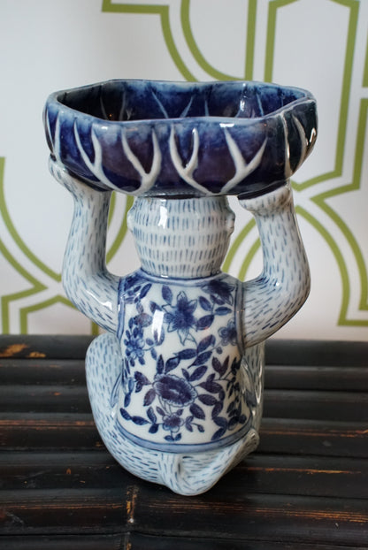 Vintage Blue and White Floral Chinoiserie Monkey Bowl
