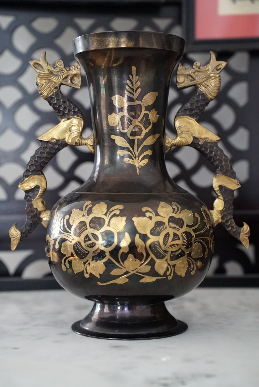 Vintage Black & Gold Etched Brass Vase with Dragon Handles