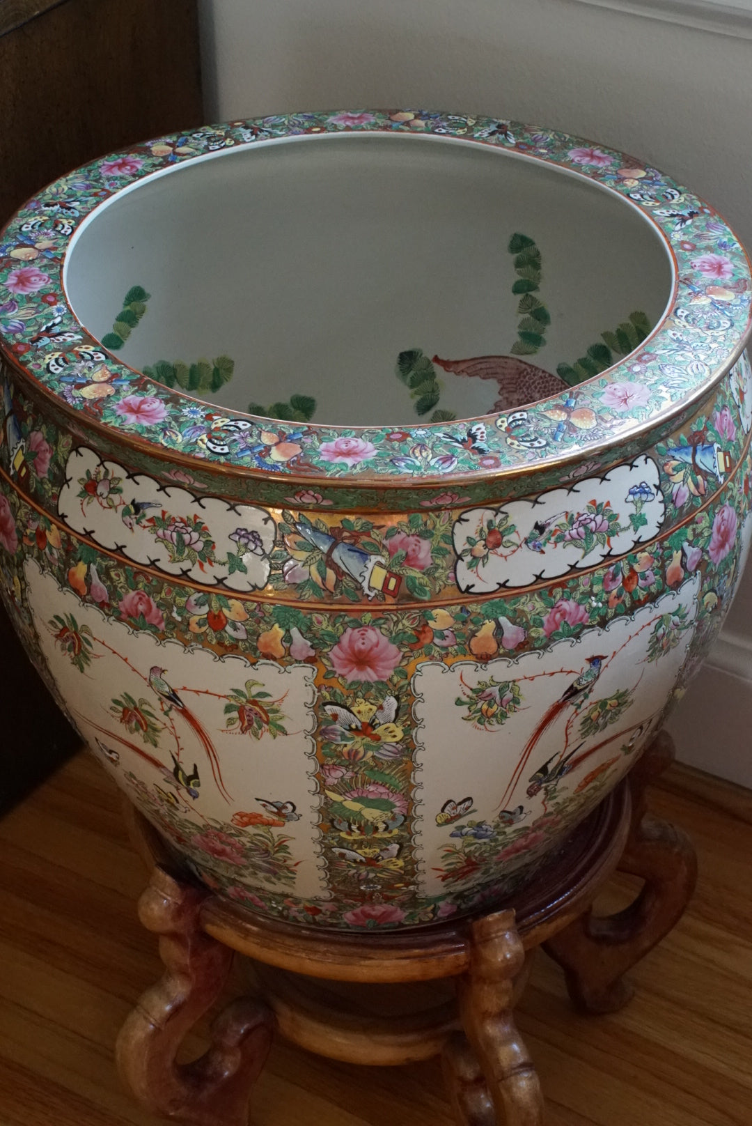 Pair of — XL Vintage Rose Canton Fishbowl Planter with Stand