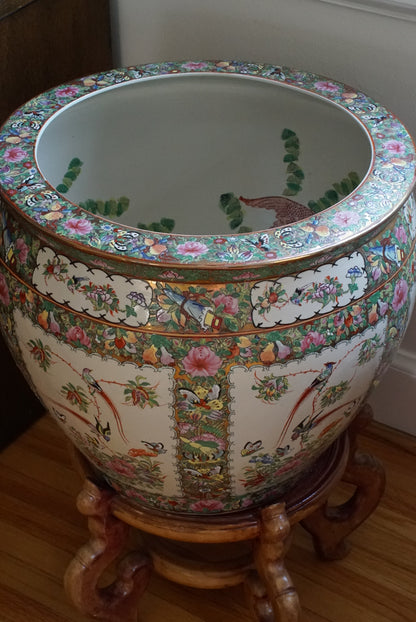 Pair of — XL Vintage Rose Canton Fishbowl Planter with Stand