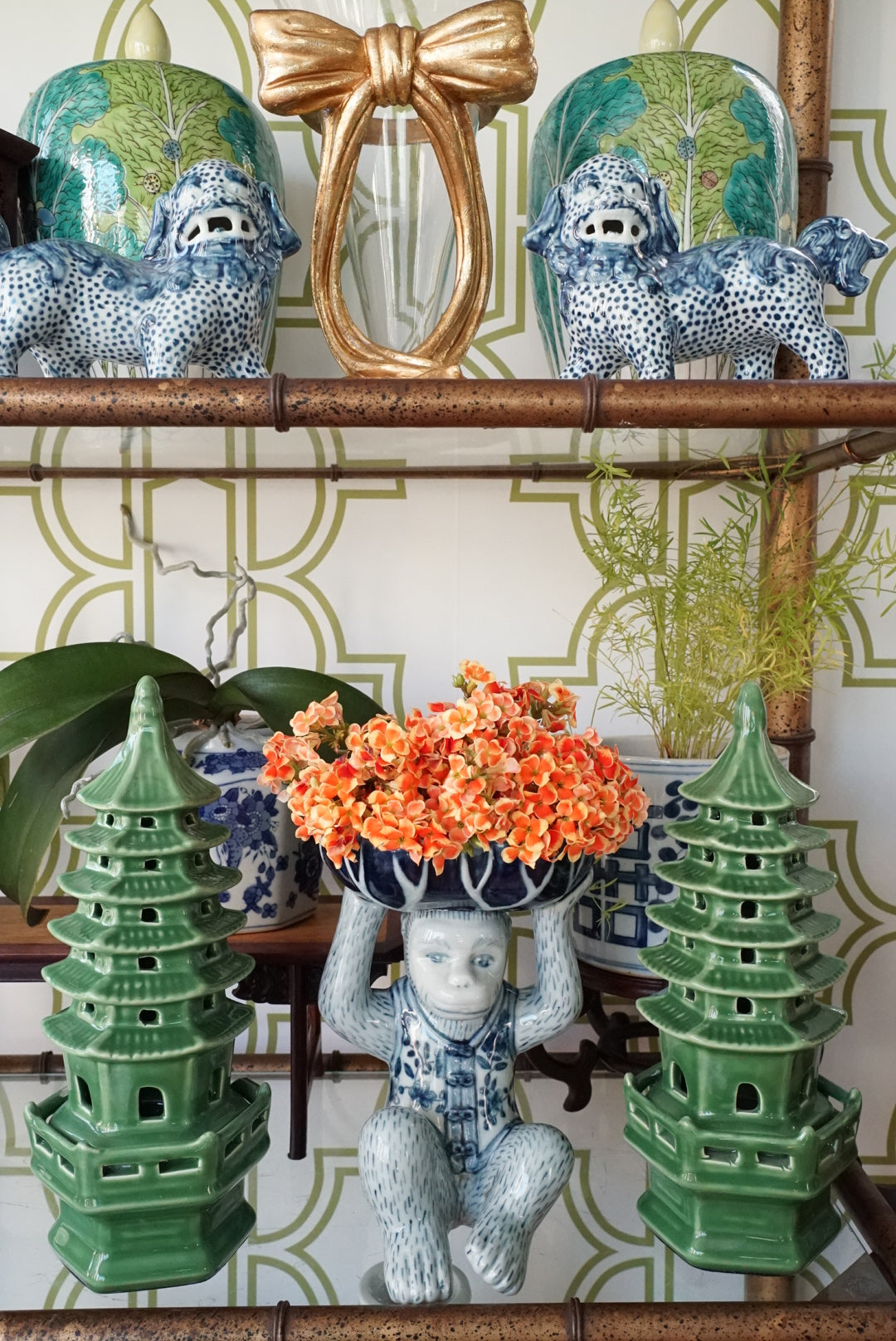 Vintage Blue and White Floral Chinoiserie Monkey Bowl