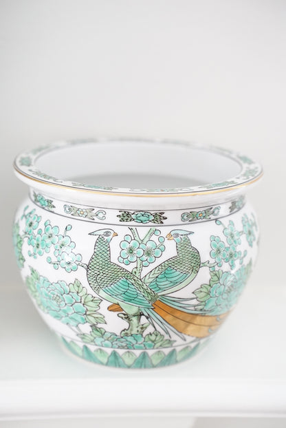 Vintage Gold Imari Green Peacock Jardiniere
