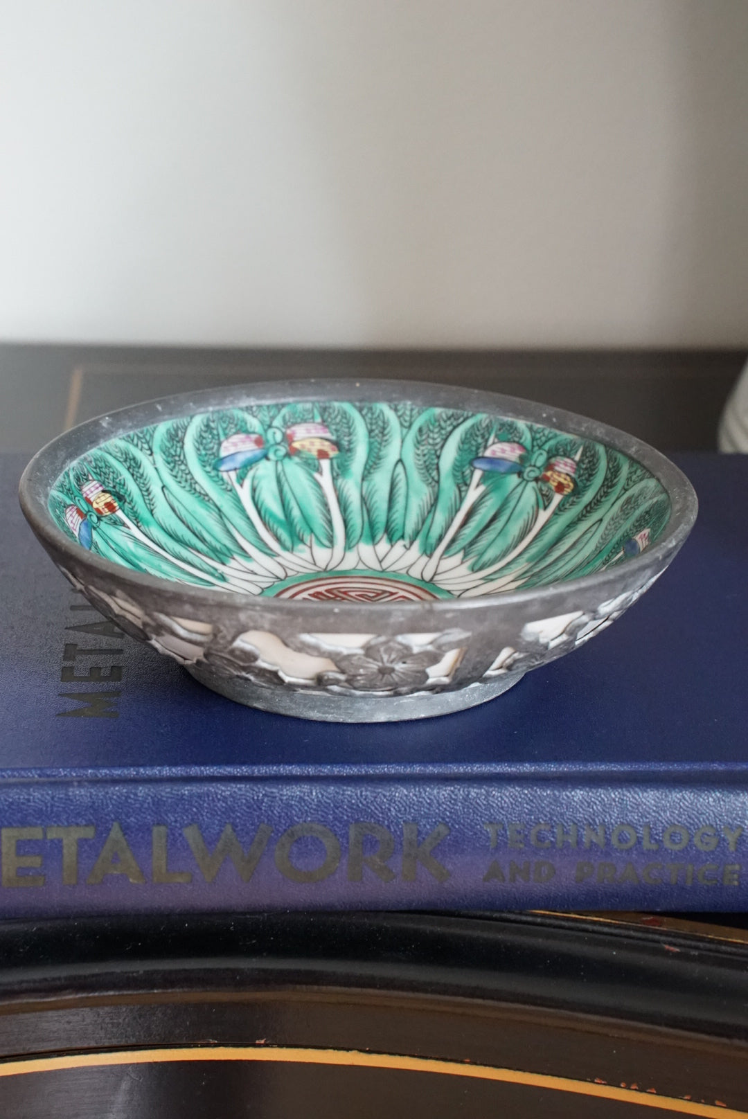 Vintage Famille Verte Bok Choy Plate with Cherry Blossom Encasing