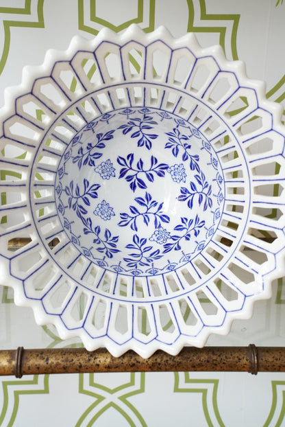 Vintage Blue and White Compote on Pedestal