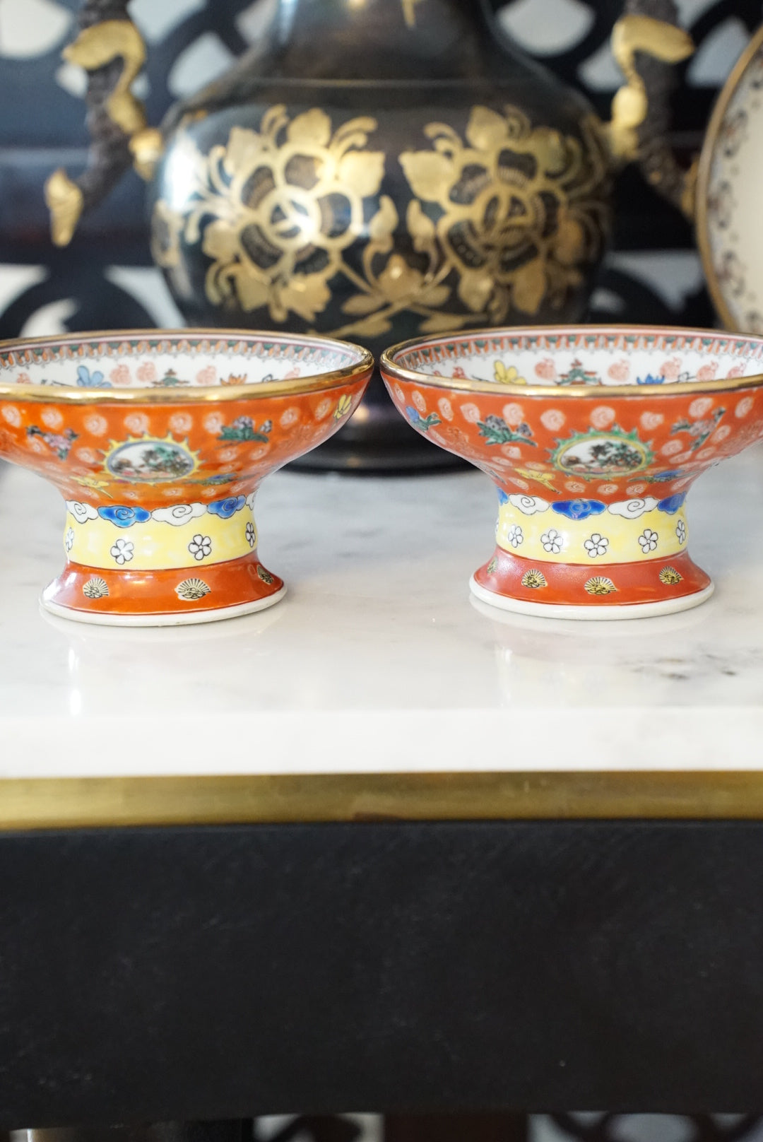 A Pair of — Vintage Ancestor Dowager Empress High Footed Offering Bowls