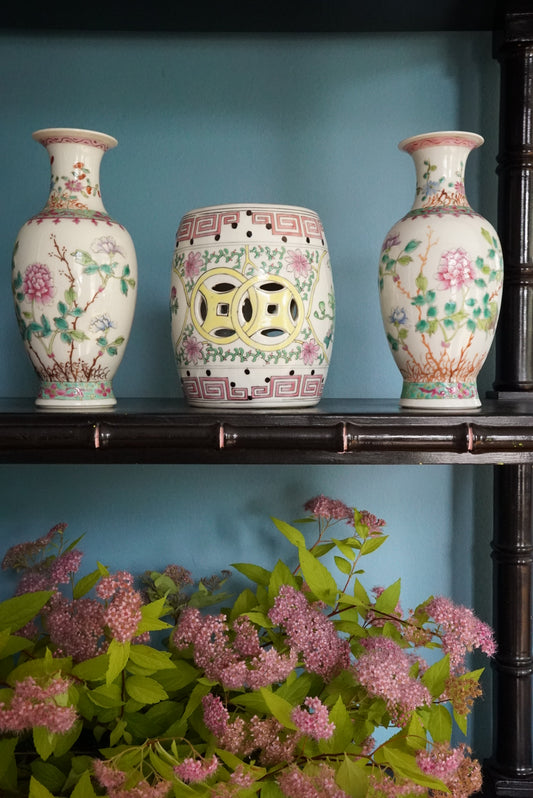 Famille Rose Trio — Pair of Antique Vases and a Vintage Garden Stool