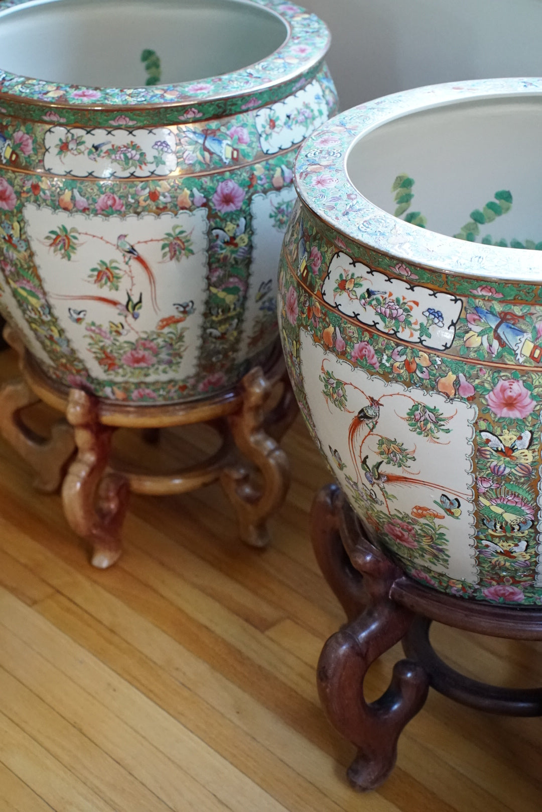 Pair of — XL Vintage Rose Canton Fishbowl Planter with Stand