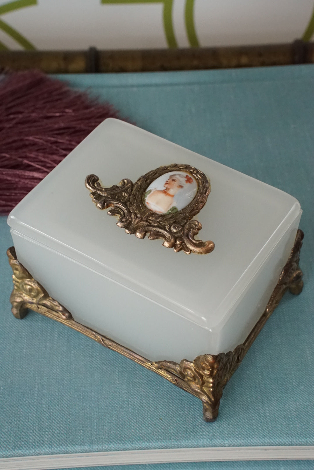 Vintage Milk Glass Box with Hand Painted Portrait