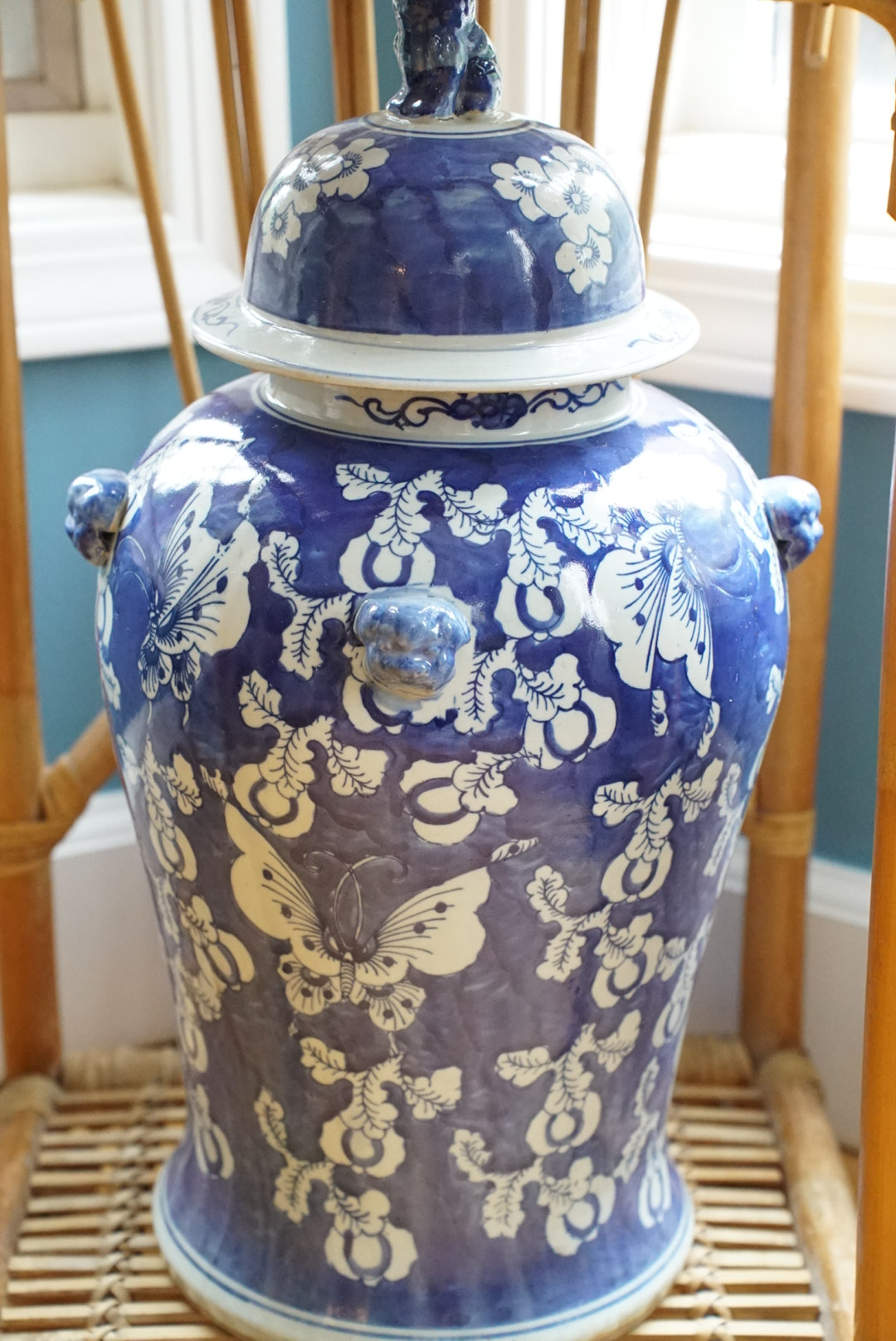 XL Blue and White Butterfly Temple Jar