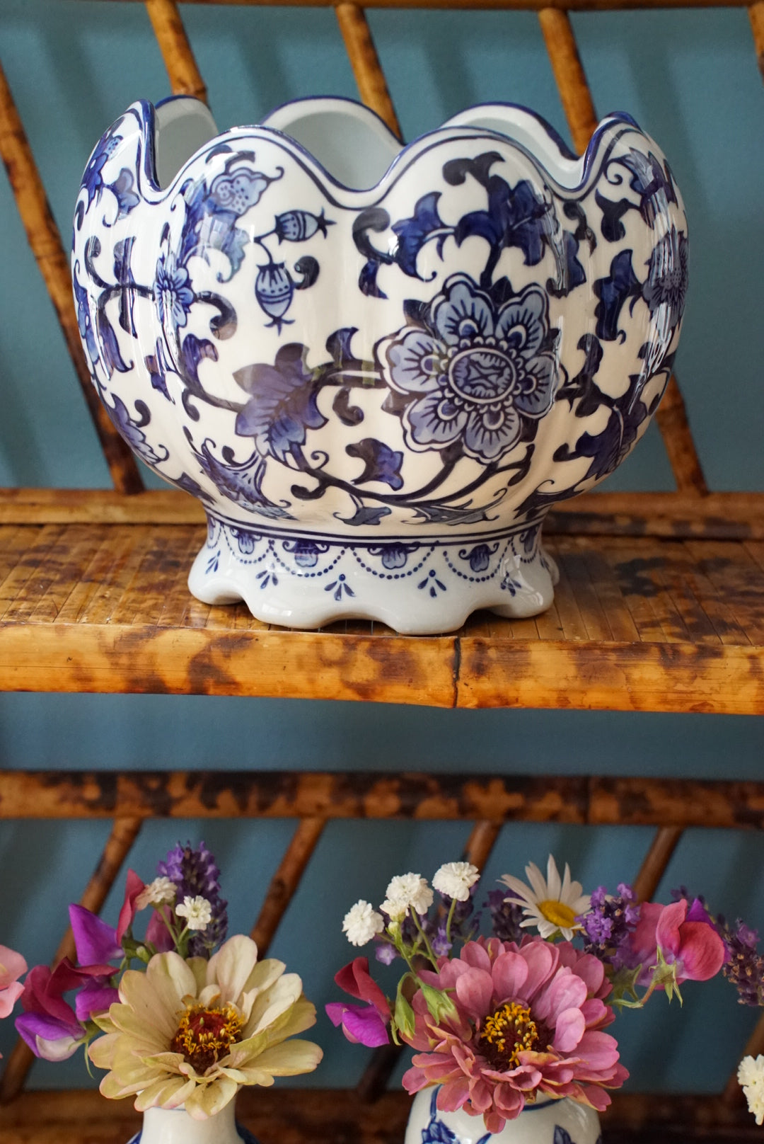 Vintage Scalloped Blue and White Cachepot