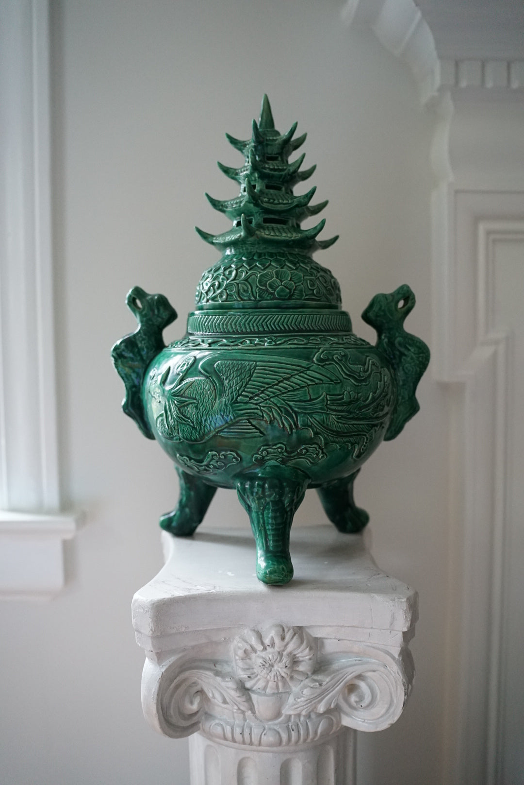 XL Green Pagoda-Topped Footed Urn
