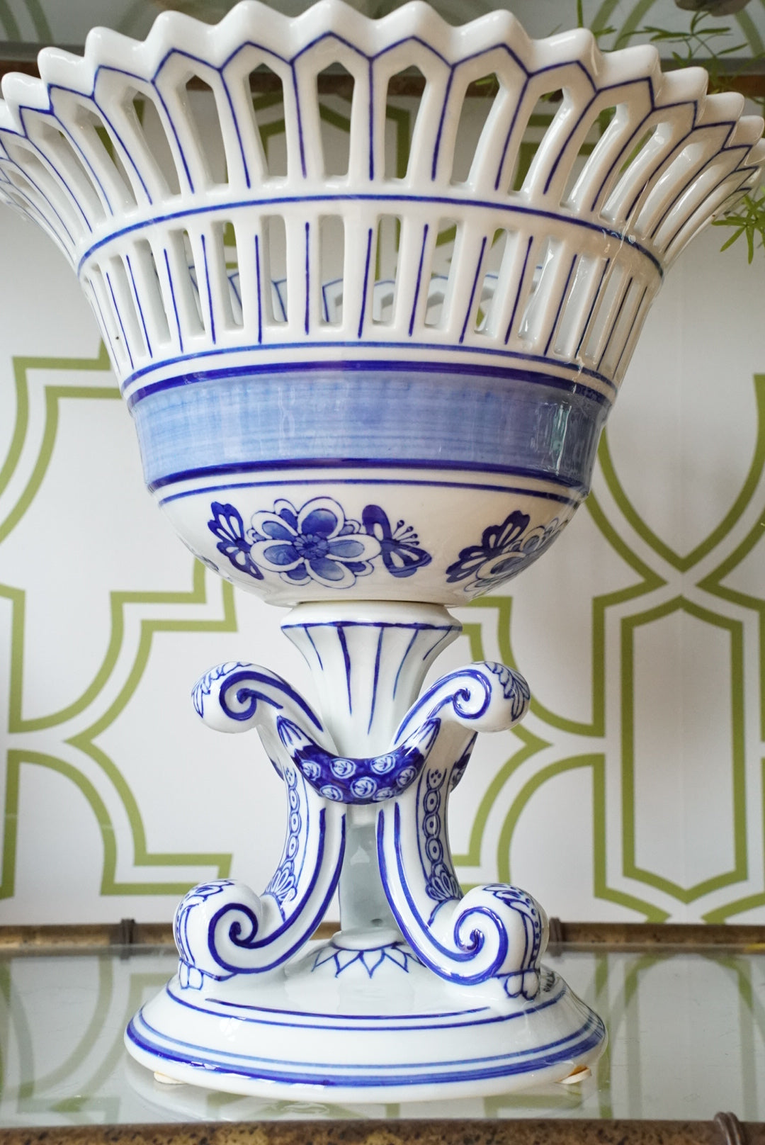 Vintage Blue and White Compote on Pedestal