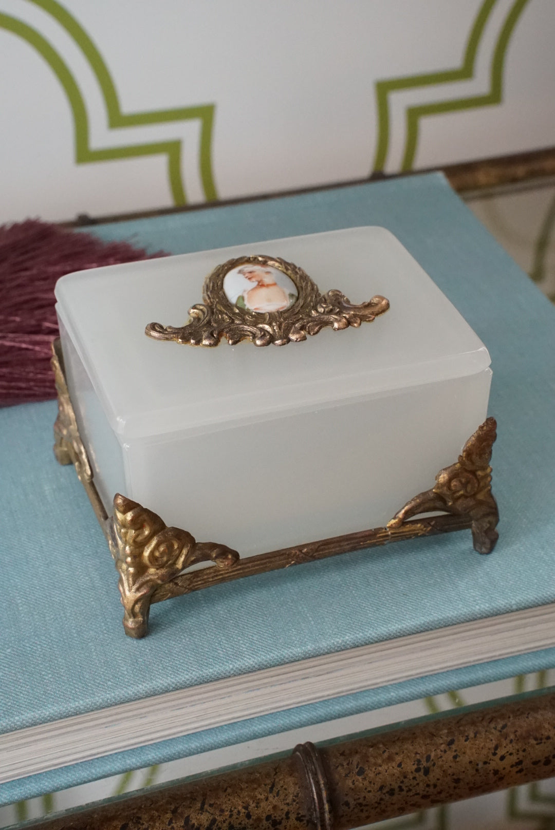 Vintage Milk Glass Box with Hand Painted Portrait