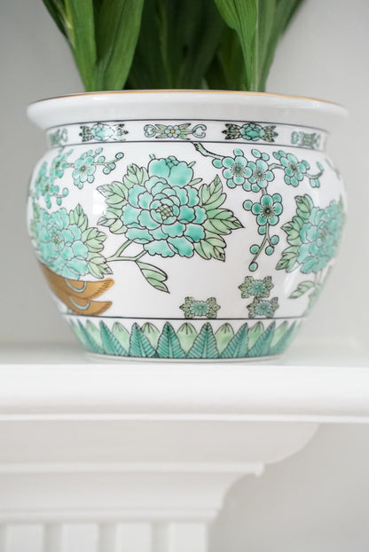 Vintage Gold Imari Green Peacock Jardiniere