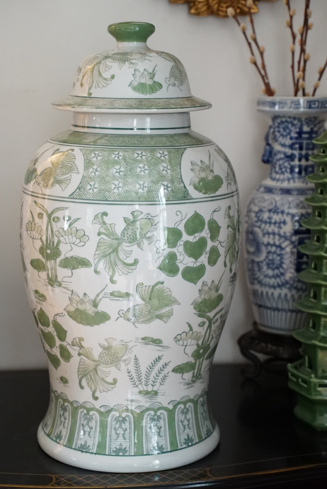 XL Green and White Lily Pond Temple Jar