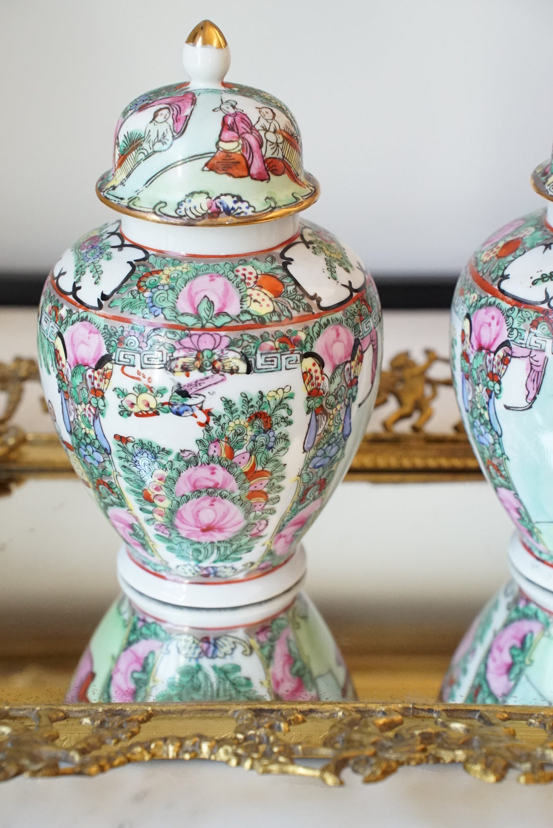 Pair of — Vintage Rose Medallion Temple Jars