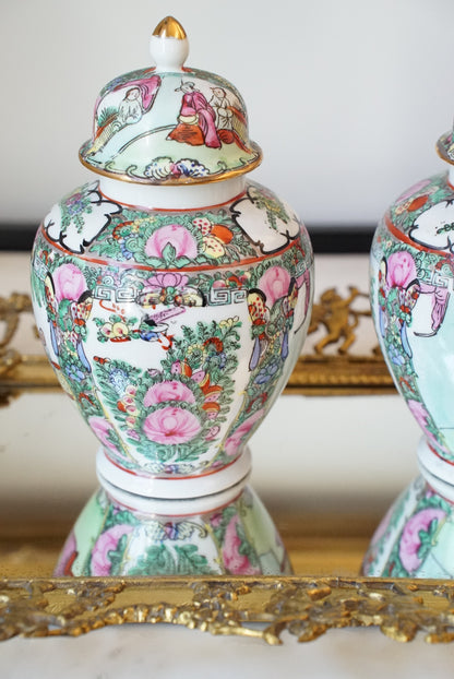 Pair of — Vintage Rose Medallion Temple Jars