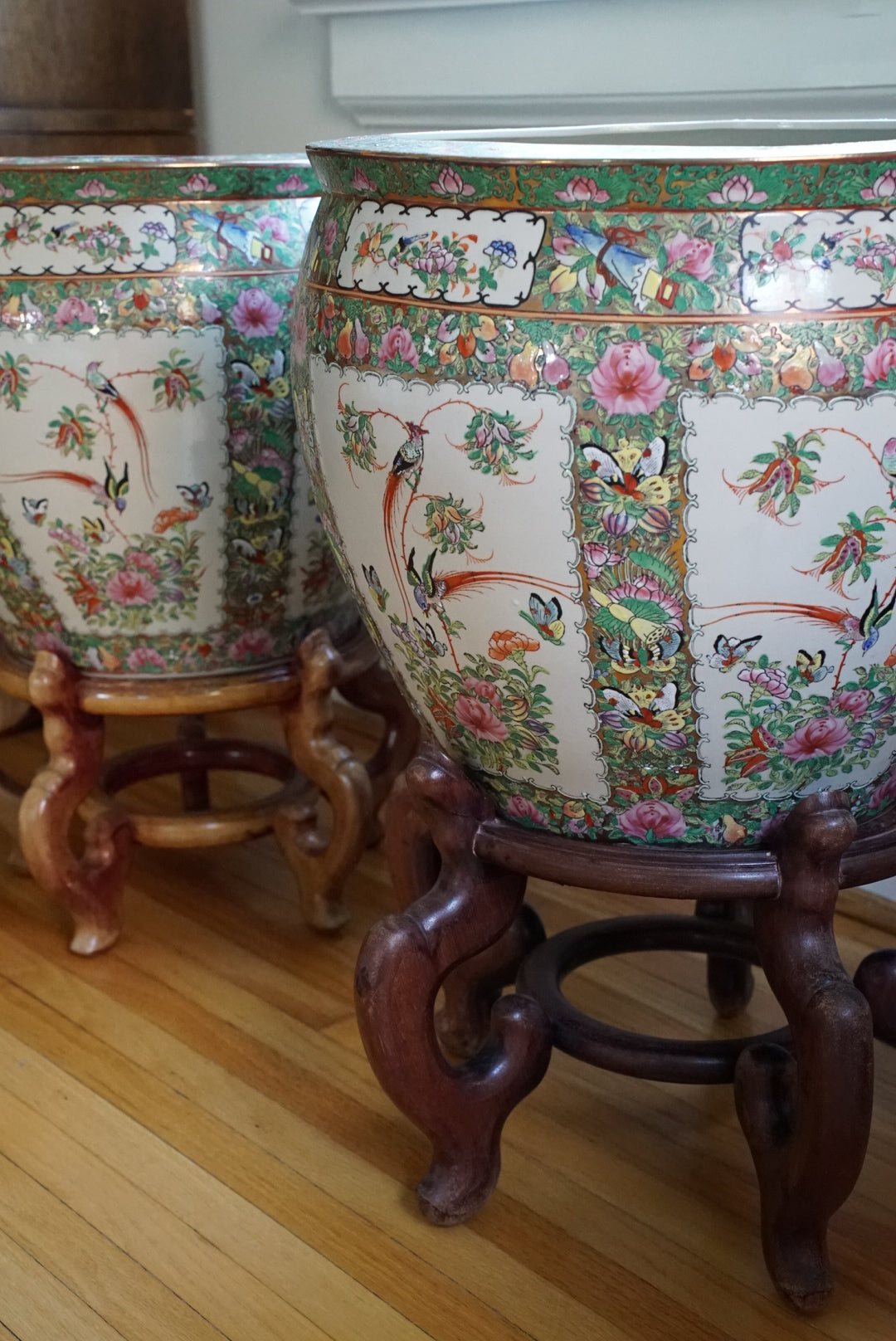 Pair of — XL Vintage Rose Canton Fishbowl Planter with Stand