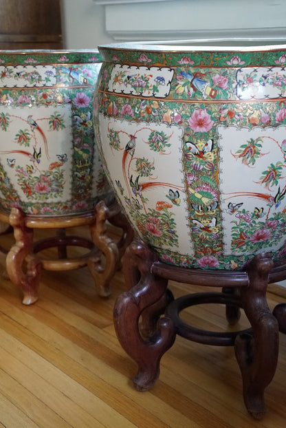 Pair of — XL Vintage Rose Canton Fishbowl Planter with Stand