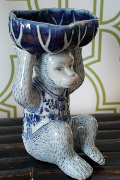 Vintage Blue and White Floral Chinoiserie Monkey Bowl