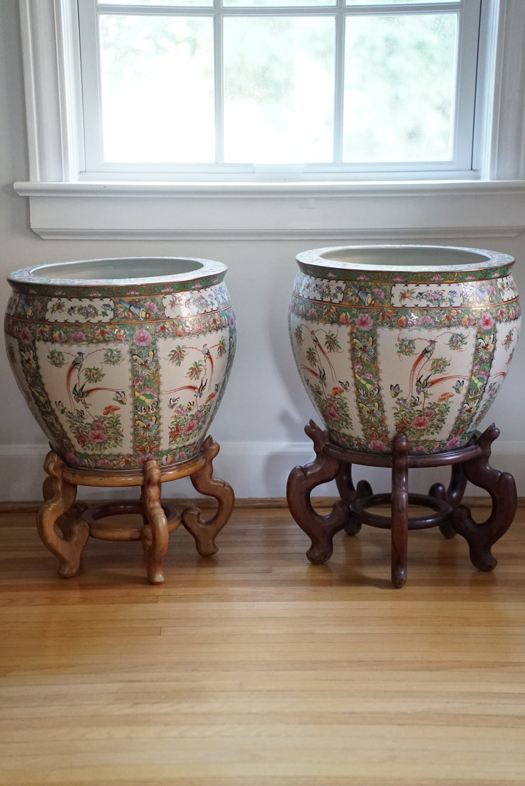 Pair of — XL Vintage Rose Canton Fishbowl Planter with Stand