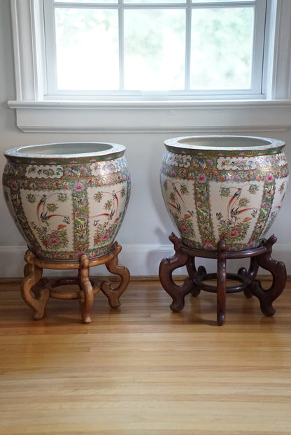Pair of — XL Vintage Rose Canton Fishbowl Planter with Stand