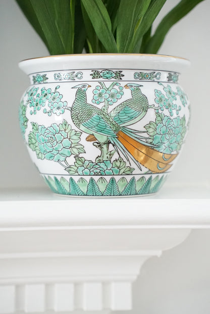 Vintage Gold Imari Green Peacock Jardiniere